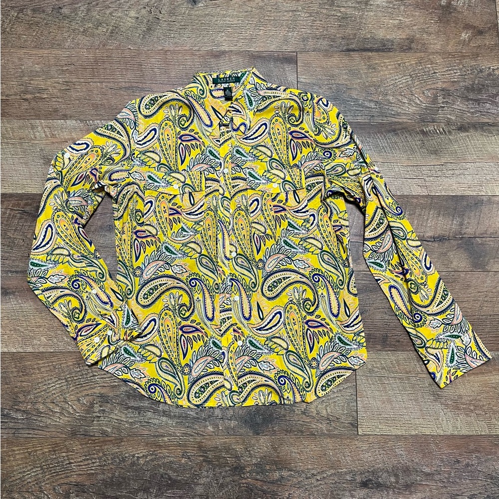 Lauren Ralph Lauren Women's Button Long Sleeve Shirt Medium Paisley Yellow